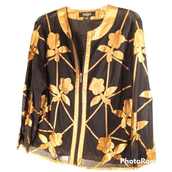 Peck & Peck Jackets & Blazers - Peck & Peck Black and Copper Floral Semi Sheer Long Sleeve Zip Up Jacket…